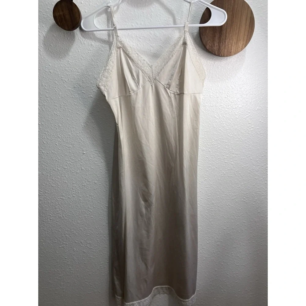Vintage Ivory Silky Full Slip Dress Midi Size Small Lace Adjustable Straps